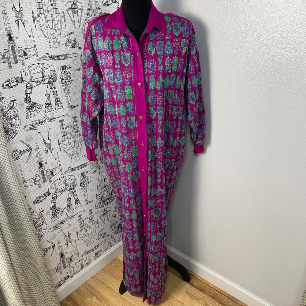 David Brown California XS Magenta Crest Print Button Up Maxi Dress Made USA